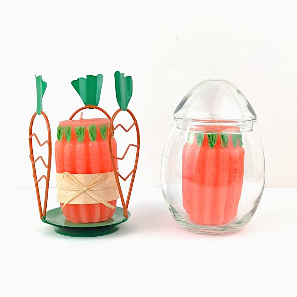 Pillar Candle w/ Holders Carrot Metal Glass Egg Set of 2 Easter Spring Decor